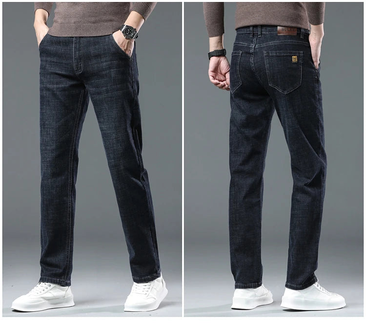 SULEE New High Quality Jeans Men's Business Casual Straight Denim Pants Stretch Fashion Classic Work Trousers Blue Black Male