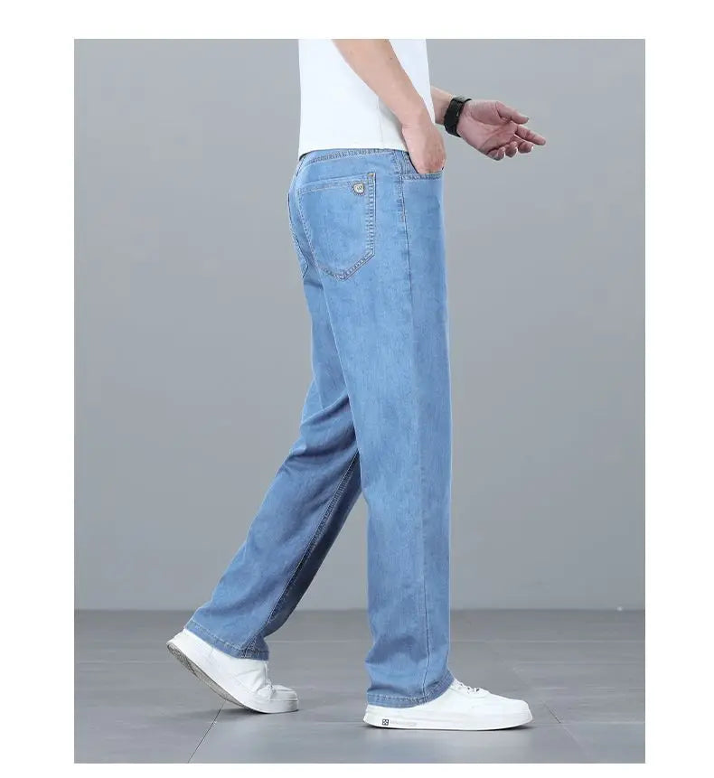 Summer Ultra-thin Men's Jeans Lyocell Soft Breathable Loose Straight Light Blue Denim Pants Business Casual Ice Silk Trousers
