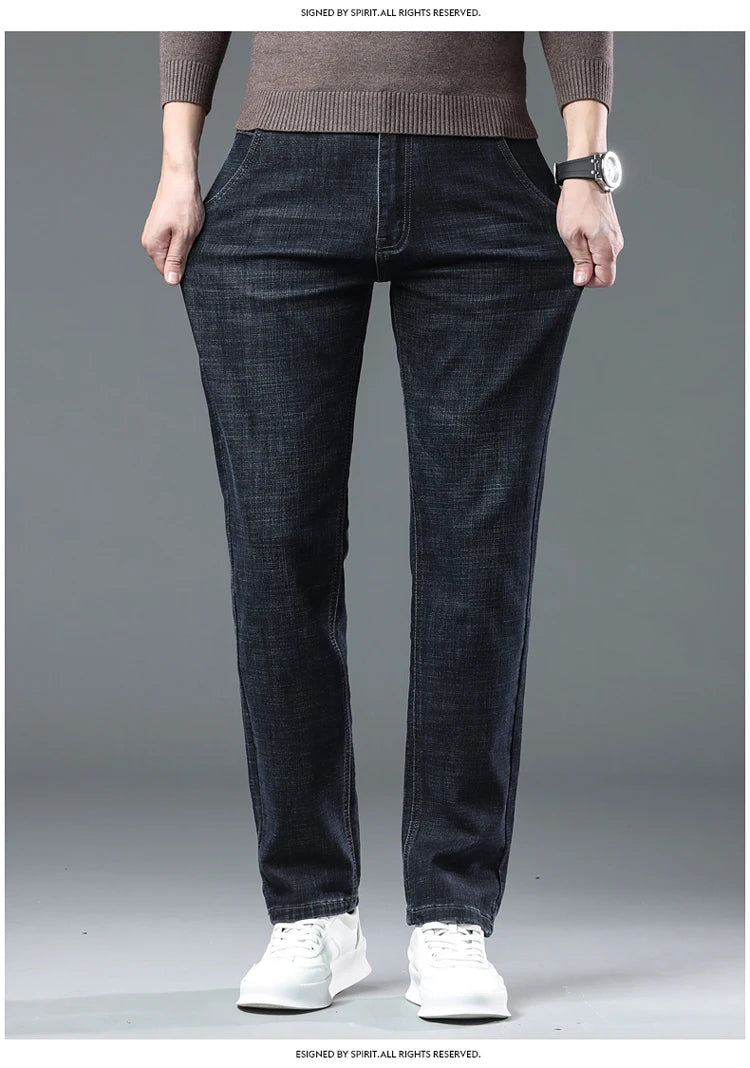 SULEE New High Quality Jeans Men's Business Casual Straight Denim Pants Stretch Fashion Classic Work Trousers Blue Black Male