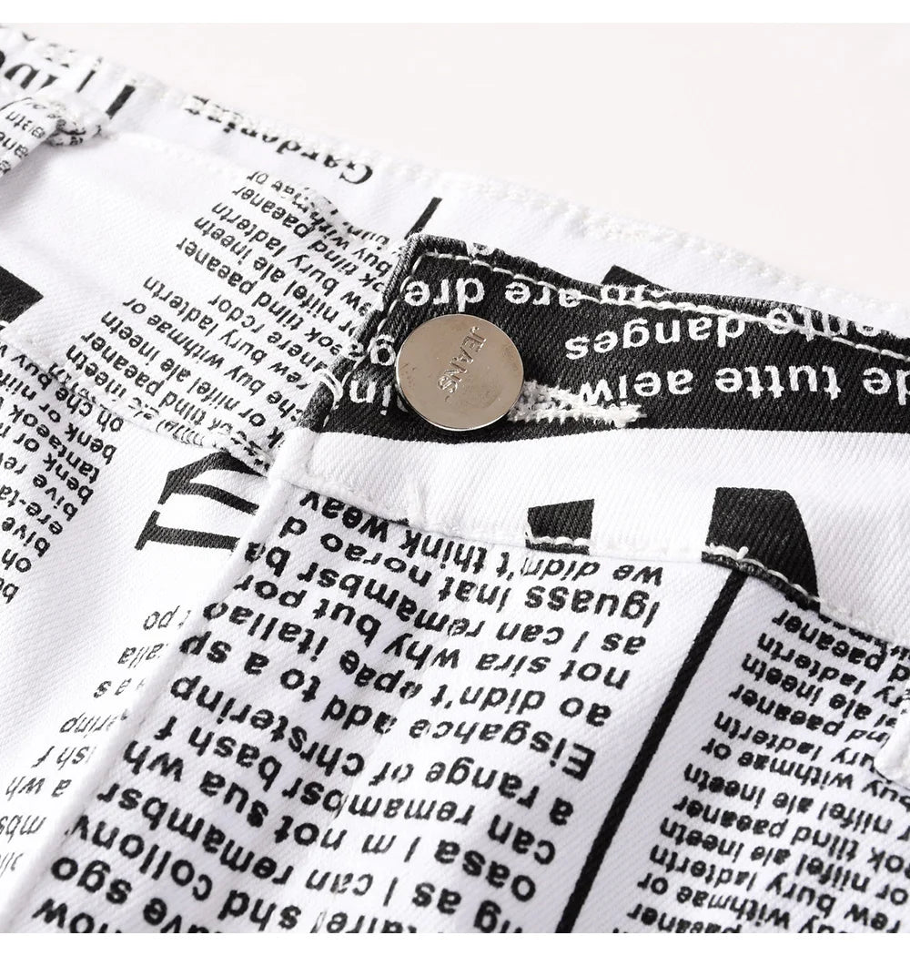 Men Newspaper Print Jeans Fashion Letters White Denim Pants Casual Slim Tapered Costume Trousers