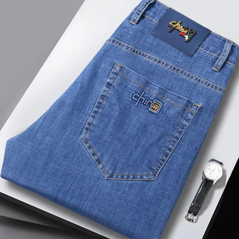 Summer Ultra-thin Men's Jeans Lyocell Soft Breathable Loose Straight Light Blue Denim Pants Business Casual Ice Silk Trousers