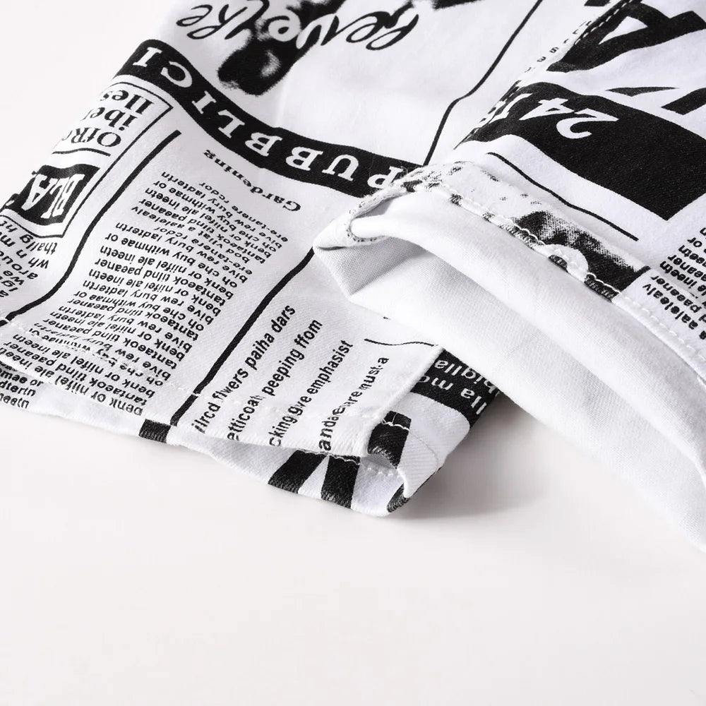 Men Newspaper Print Jeans Fashion Letters White Denim Pants Casual Slim Tapered Costume Trousers