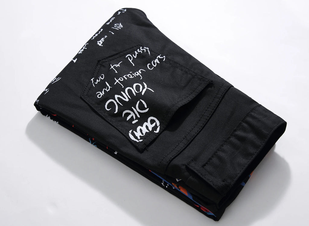Hipster High Street Men Stretch slim 3D color print black and white pants Skeleton Graffiti Street hipster personality jeans