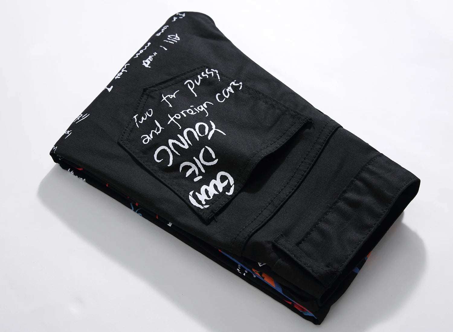 Hipster High Street Men Stretch slim 3D color print black and white pants Skeleton Graffiti Street hipster personality jeans