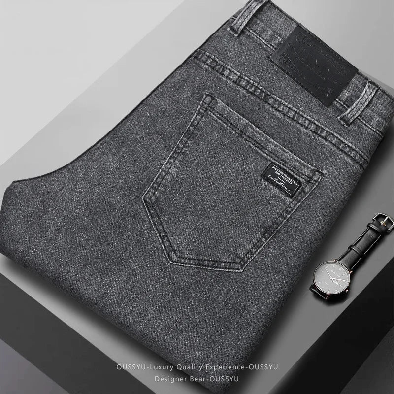 2026 New Men's Slim Jeans Elastic Straight Casual Denim Pants Korean Fashion Cotton Work Male Spring Autumn Trousers Black Gray