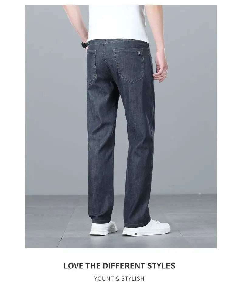 Summer Ultra-thin Men's Jeans Lyocell Soft Breathable Loose Straight Light Blue Denim Pants Business Casual Ice Silk Trousers