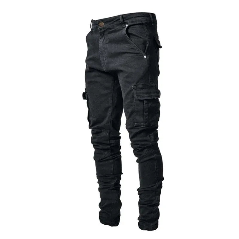 Men Elastic Skinny Jeans Casual Denim Pants Slim Fit Trousers Multi-Pocket Black Jeans Soild Cargo Pants Streetwear Man Clothing