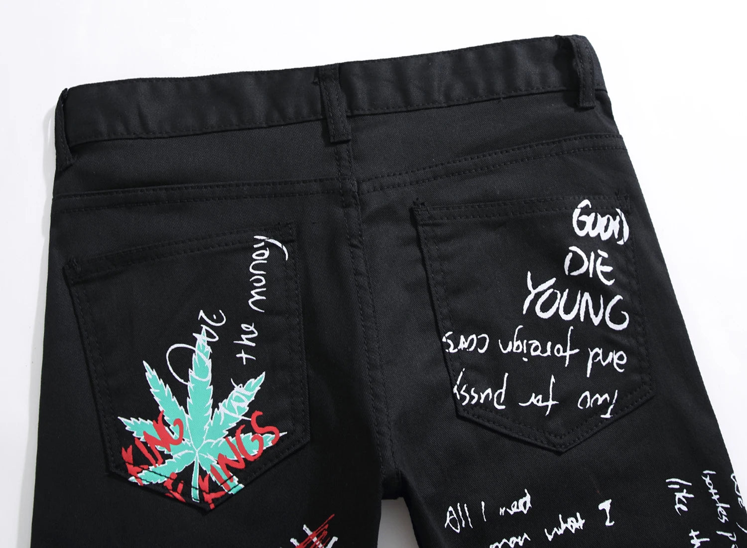 Hipster High Street Men Stretch slim 3D color print black and white pants Skeleton Graffiti Street hipster personality jeans