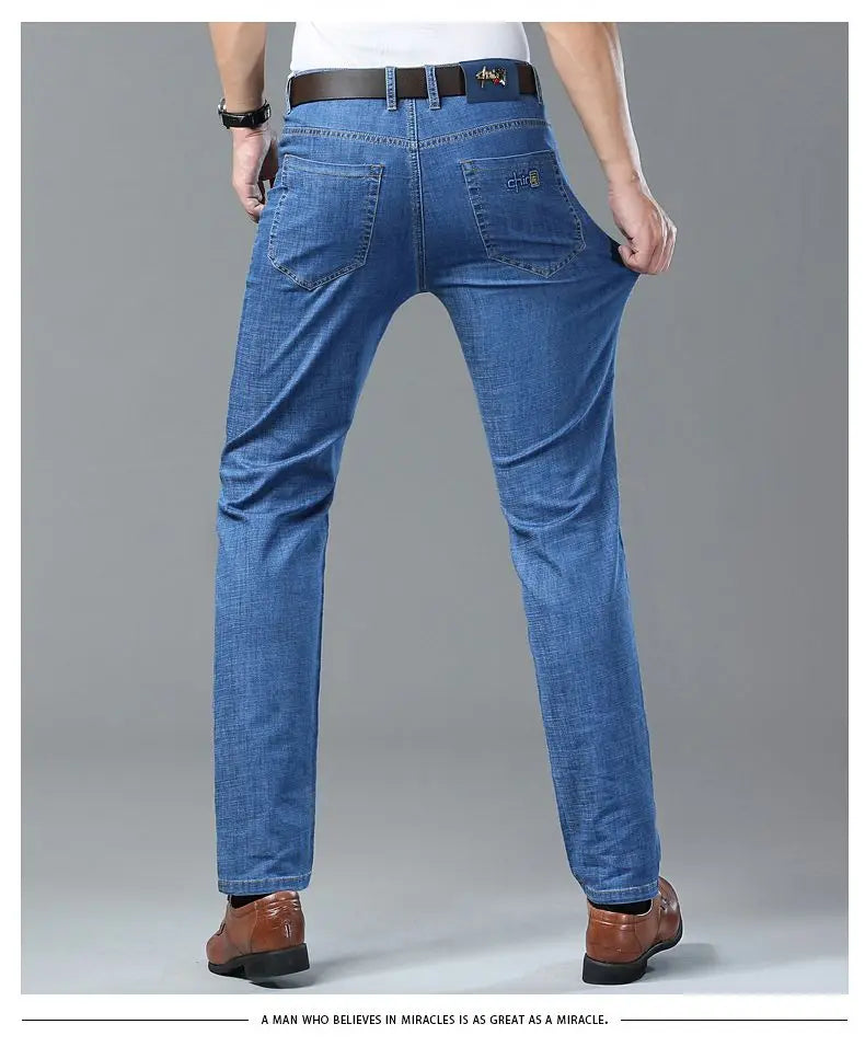 Summer Ultra-thin Men's Jeans Lyocell Soft Breathable Loose Straight Light Blue Denim Pants Business Casual Ice Silk Trousers