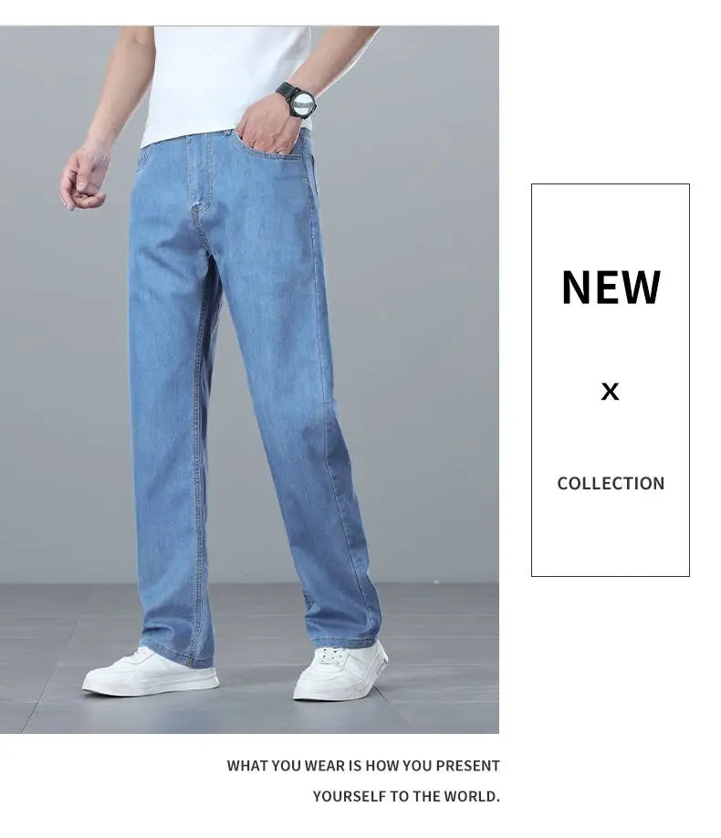 Summer Ultra-thin Men's Jeans Lyocell Soft Breathable Loose Straight Light Blue Denim Pants Business Casual Ice Silk Trousers