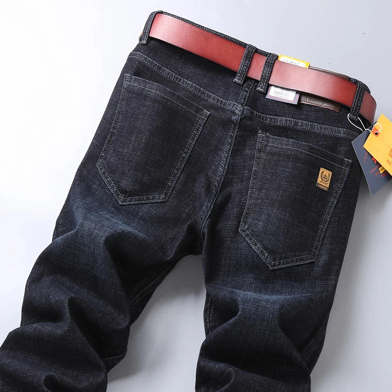 SULEE New High Quality Jeans Men's Business Casual Straight Denim Pants Stretch Fashion Classic Work Trousers Blue Black Male