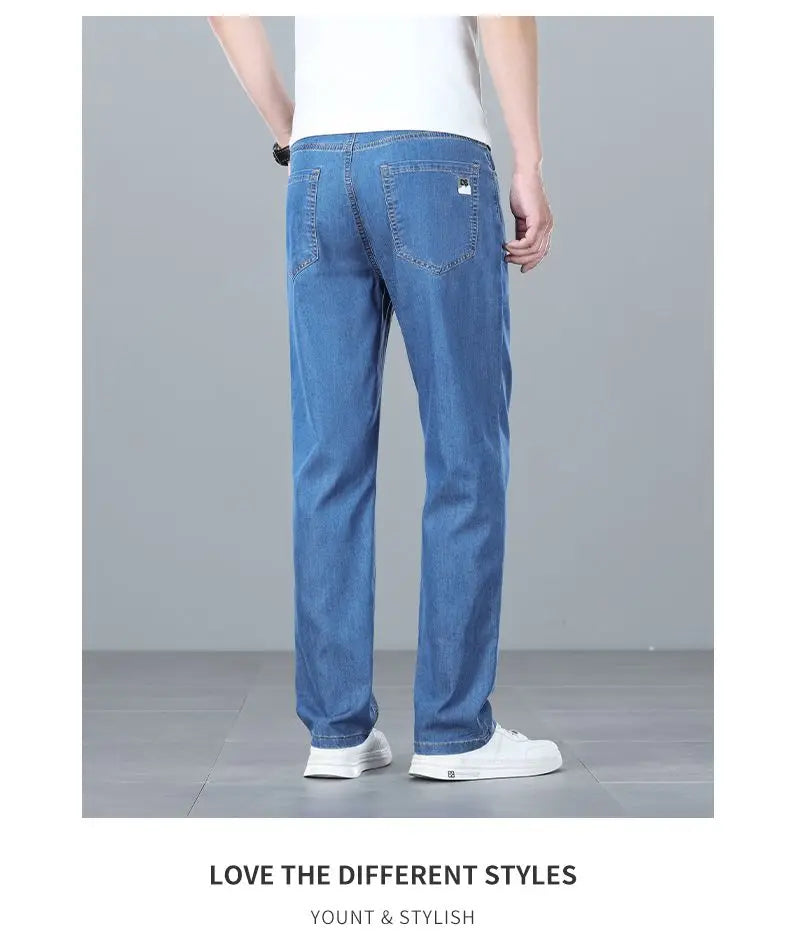 Summer Ultra-thin Men's Jeans Lyocell Soft Breathable Loose Straight Light Blue Denim Pants Business Casual Ice Silk Trousers
