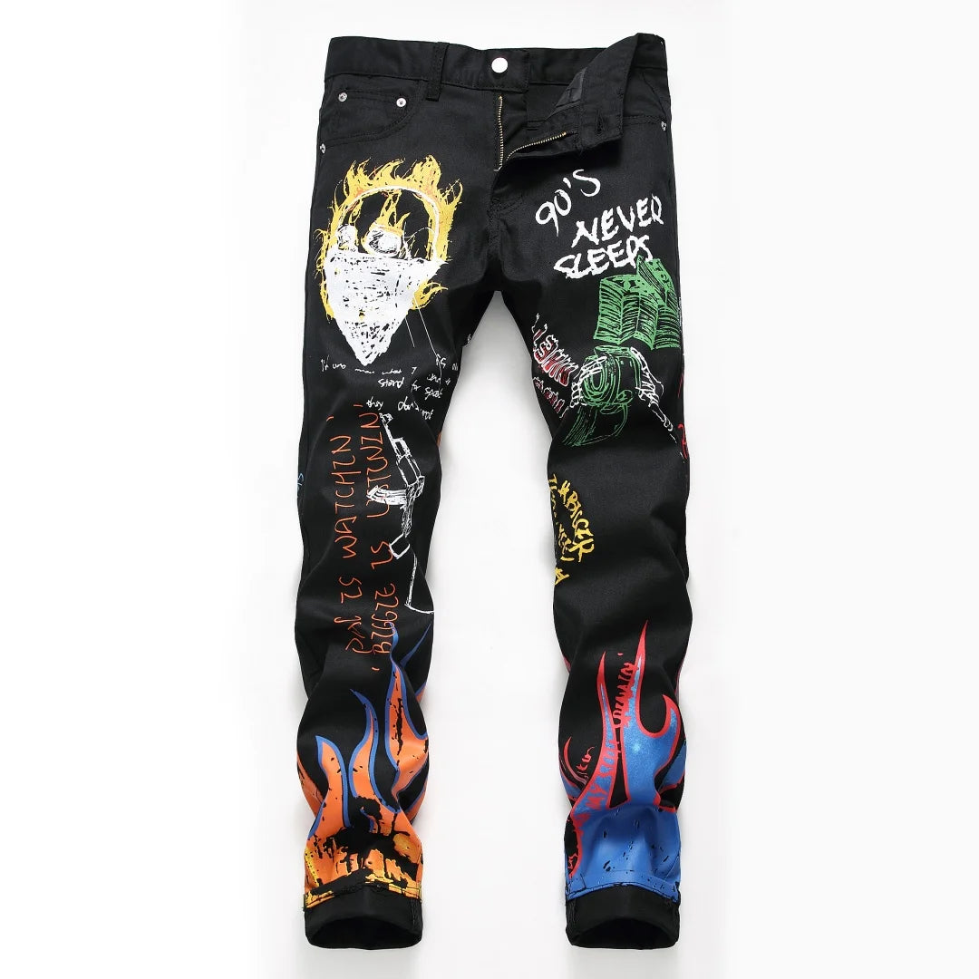 Hipster High Street Men Stretch slim 3D color print black and white pants Skeleton Graffiti Street hipster personality jeans