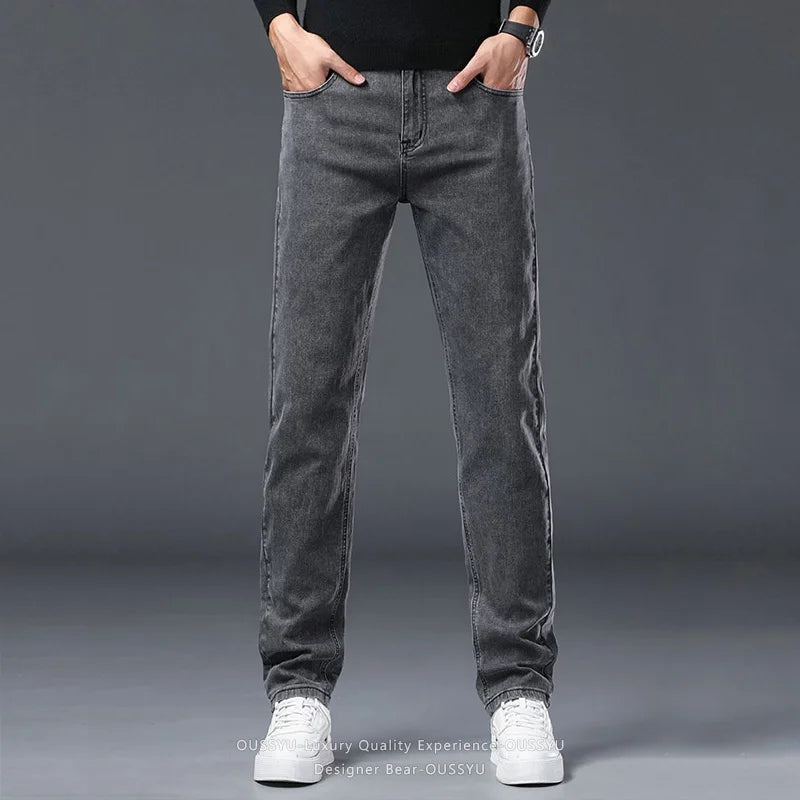 2026 New Men's Slim Jeans Elastic Straight Casual Denim Pants Korean Fashion Cotton Work Male Spring Autumn Trousers Black Gray