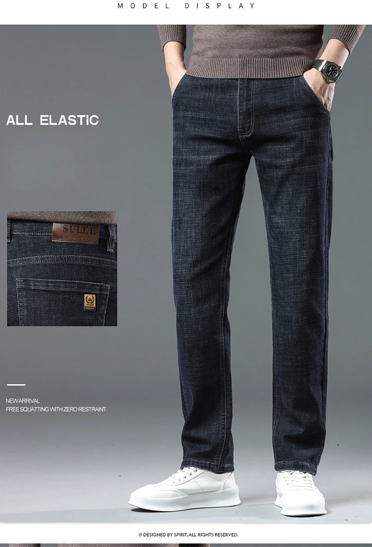 SULEE New High Quality Jeans Men's Business Casual Straight Denim Pants Stretch Fashion Classic Work Trousers Blue Black Male