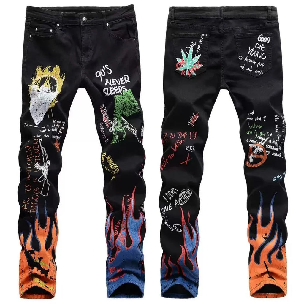 Hipster High Street Men Stretch slim 3D color print black and white pants Skeleton Graffiti Street hipster personality jeans