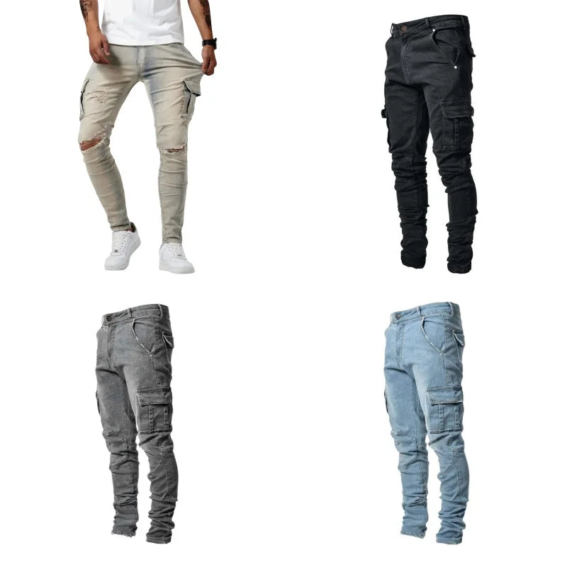Men Elastic Skinny Jeans Casual Denim Pants Slim Fit Trousers Multi-Pocket Black Jeans Soild Cargo Pants Streetwear Man Clothing