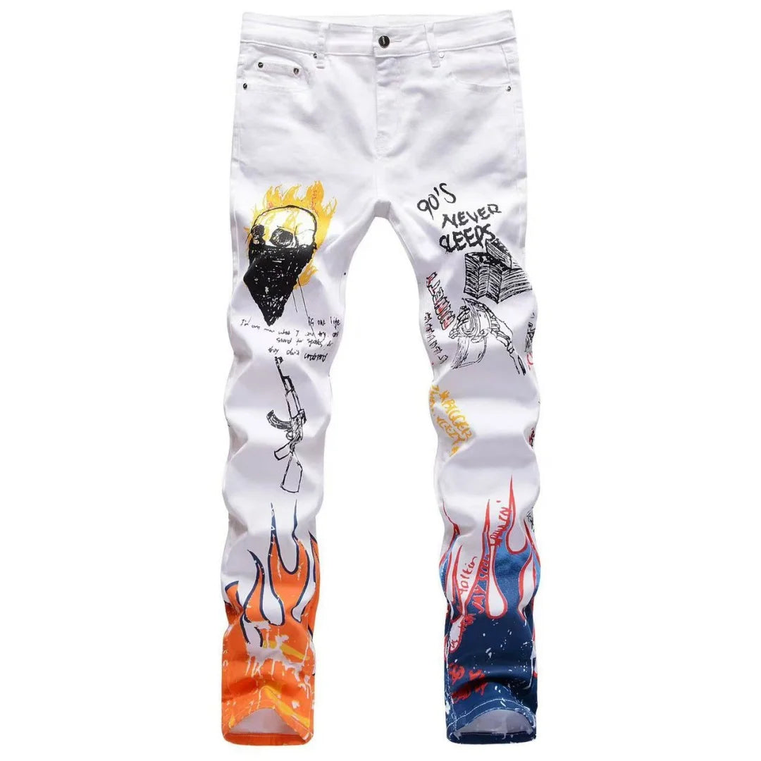 Hipster High Street Men Stretch slim 3D color print black and white pants Skeleton Graffiti Street hipster personality jeans