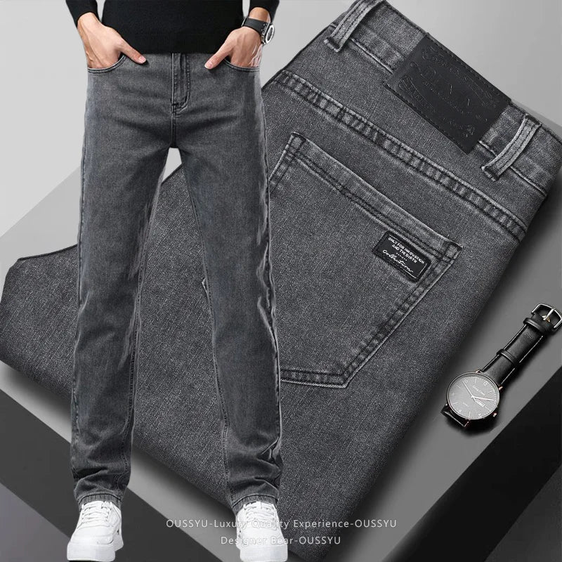 2026 New Men's Slim Jeans Elastic Straight Casual Denim Pants Korean Fashion Cotton Work Male Spring Autumn Trousers Black Gray