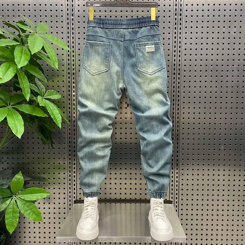 Trendy Men's Splicing Casual Pants Elastic Waist Blue Old Jeans Loose and Versatile Fashion Harlan Pants
