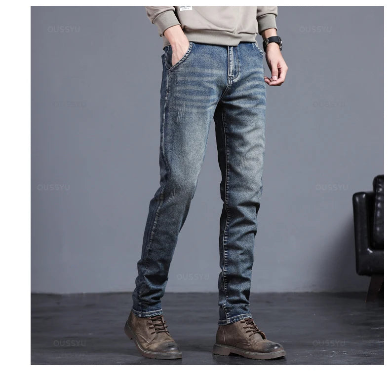 Spring Autumn Men's Classic Fashion Grey Jeans Casual Slim Skinny Vintage Blue Streetwear Biker Party Long Trousers Male 27-36