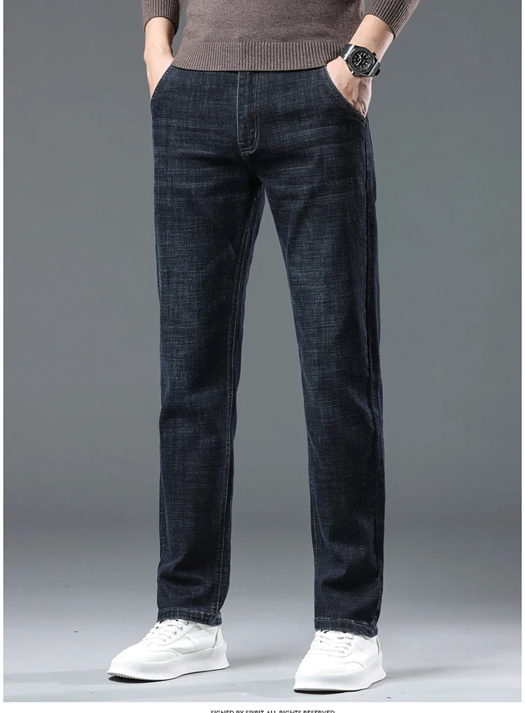 SULEE New High Quality Jeans Men's Business Casual Straight Denim Pants Stretch Fashion Classic Work Trousers Blue Black Male