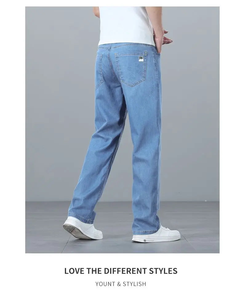 Summer Ultra-thin Men's Jeans Lyocell Soft Breathable Loose Straight Light Blue Denim Pants Business Casual Ice Silk Trousers