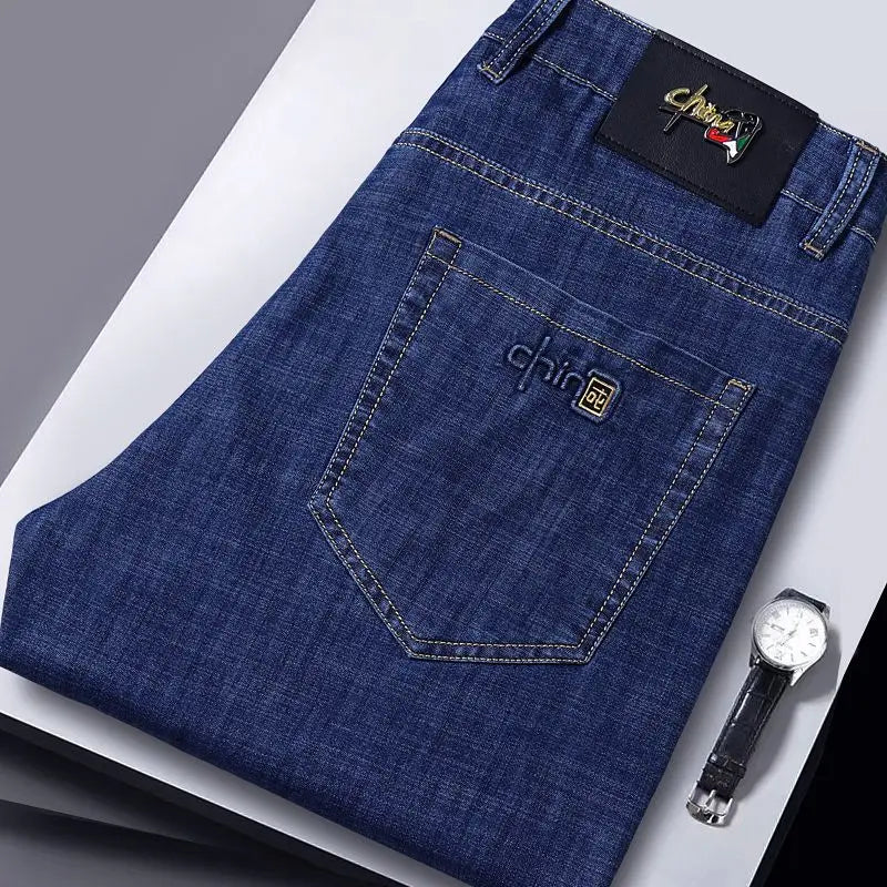 Summer Ultra-thin Men's Jeans Lyocell Soft Breathable Loose Straight Light Blue Denim Pants Business Casual Ice Silk Trousers