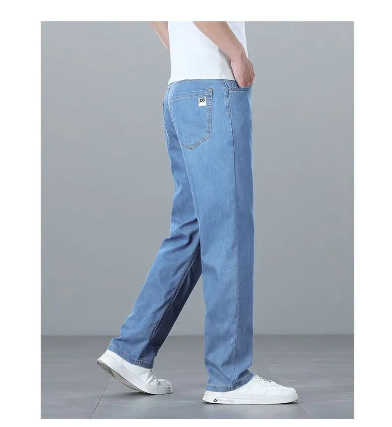 Summer Ultra-thin Men's Jeans Lyocell Soft Breathable Loose Straight Light Blue Denim Pants Business Casual Ice Silk Trousers