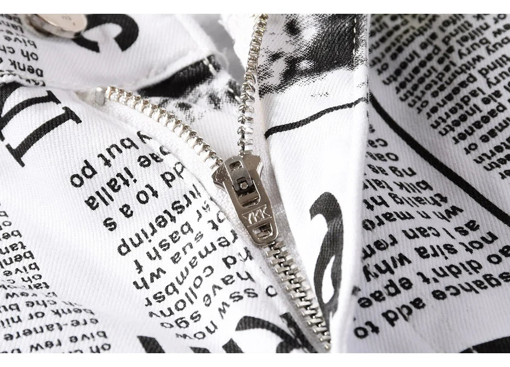 Men Newspaper Print Jeans Fashion Letters White Denim Pants Casual Slim Tapered Costume Trousers