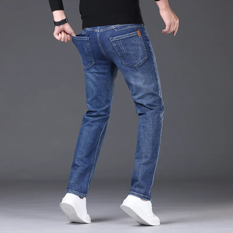 New Men Light Luxury Stretch Slim Fit Pants Comfortable Soft Business Fashion Straight Casual Denim Trousers Male Brand Clothing
