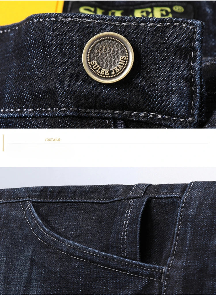 SULEE New High Quality Jeans Men's Business Casual Straight Denim Pants Stretch Fashion Classic Work Trousers Blue Black Male