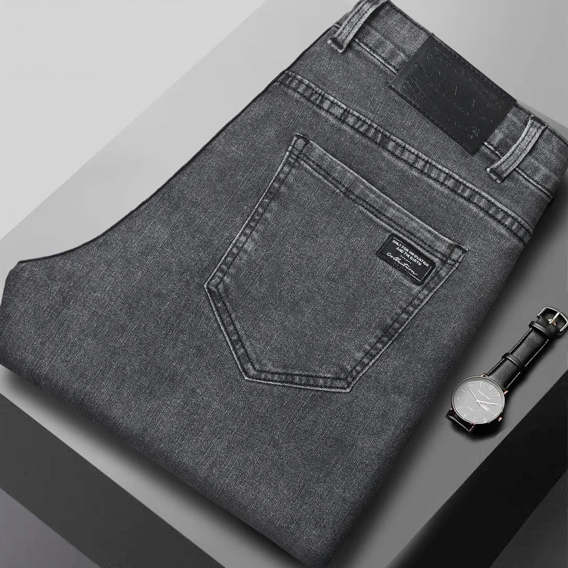 2026 New Men's Slim Jeans Elastic Straight Casual Denim Pants Korean Fashion Cotton Work Male Spring Autumn Trousers Black Gray
