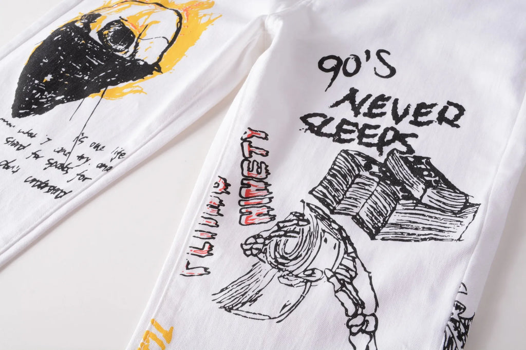 Hipster High Street Men Stretch slim 3D color print black and white pants Skeleton Graffiti Street hipster personality jeans