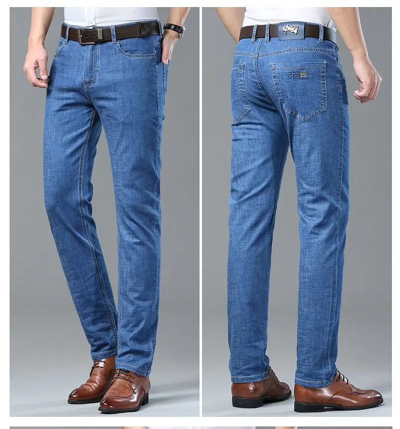 Summer Ultra-thin Men's Jeans Lyocell Soft Breathable Loose Straight Light Blue Denim Pants Business Casual Ice Silk Trousers