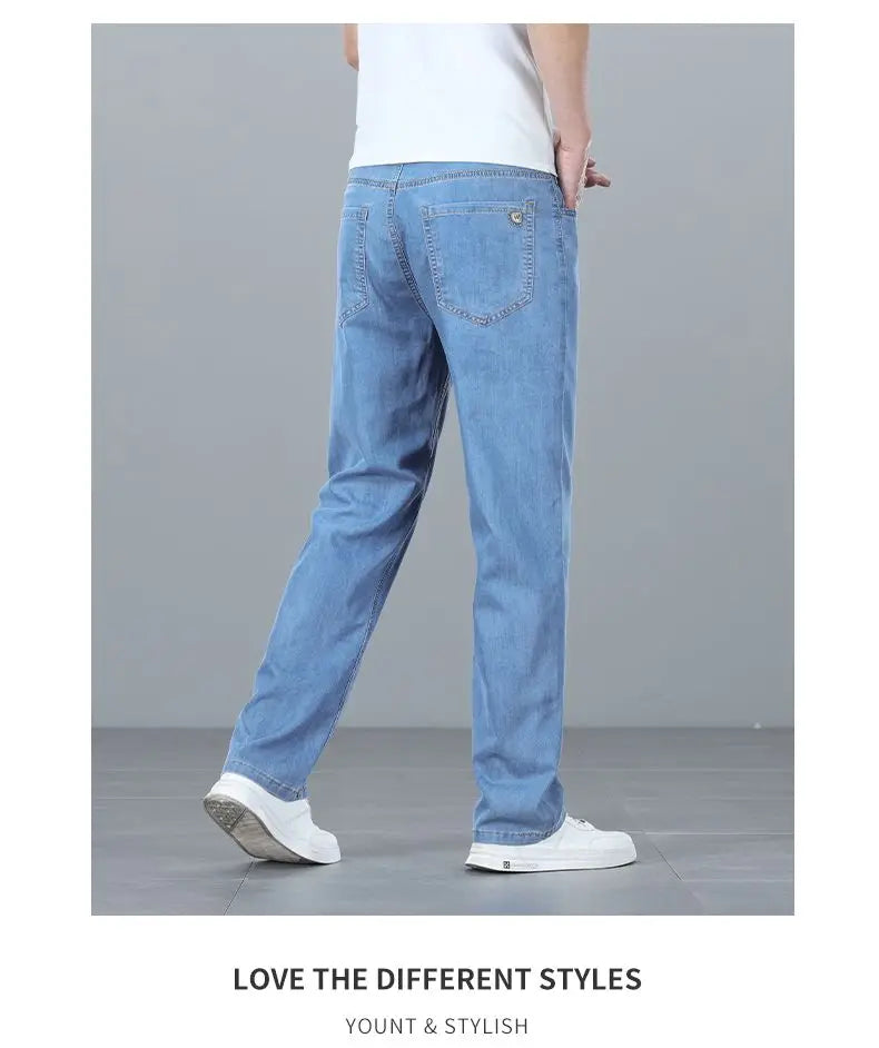 Summer Ultra-thin Men's Jeans Lyocell Soft Breathable Loose Straight Light Blue Denim Pants Business Casual Ice Silk Trousers