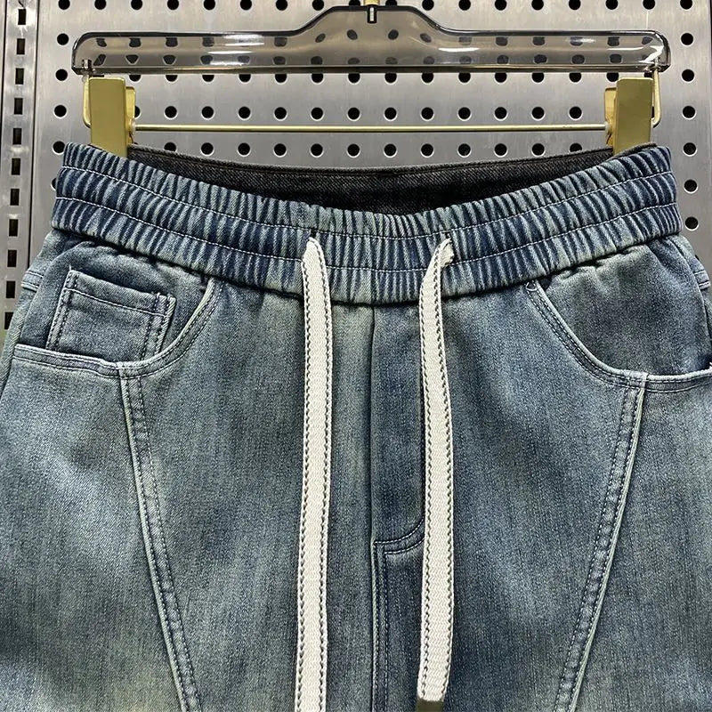 Trendy Men's Splicing Casual Pants Elastic Waist Blue Old Jeans Loose and Versatile Fashion Harlan Pants
