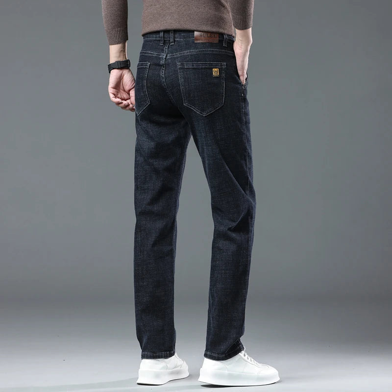 SULEE New High Quality Jeans Men's Business Casual Straight Denim Pants Stretch Fashion Classic Work Trousers Blue Black Male