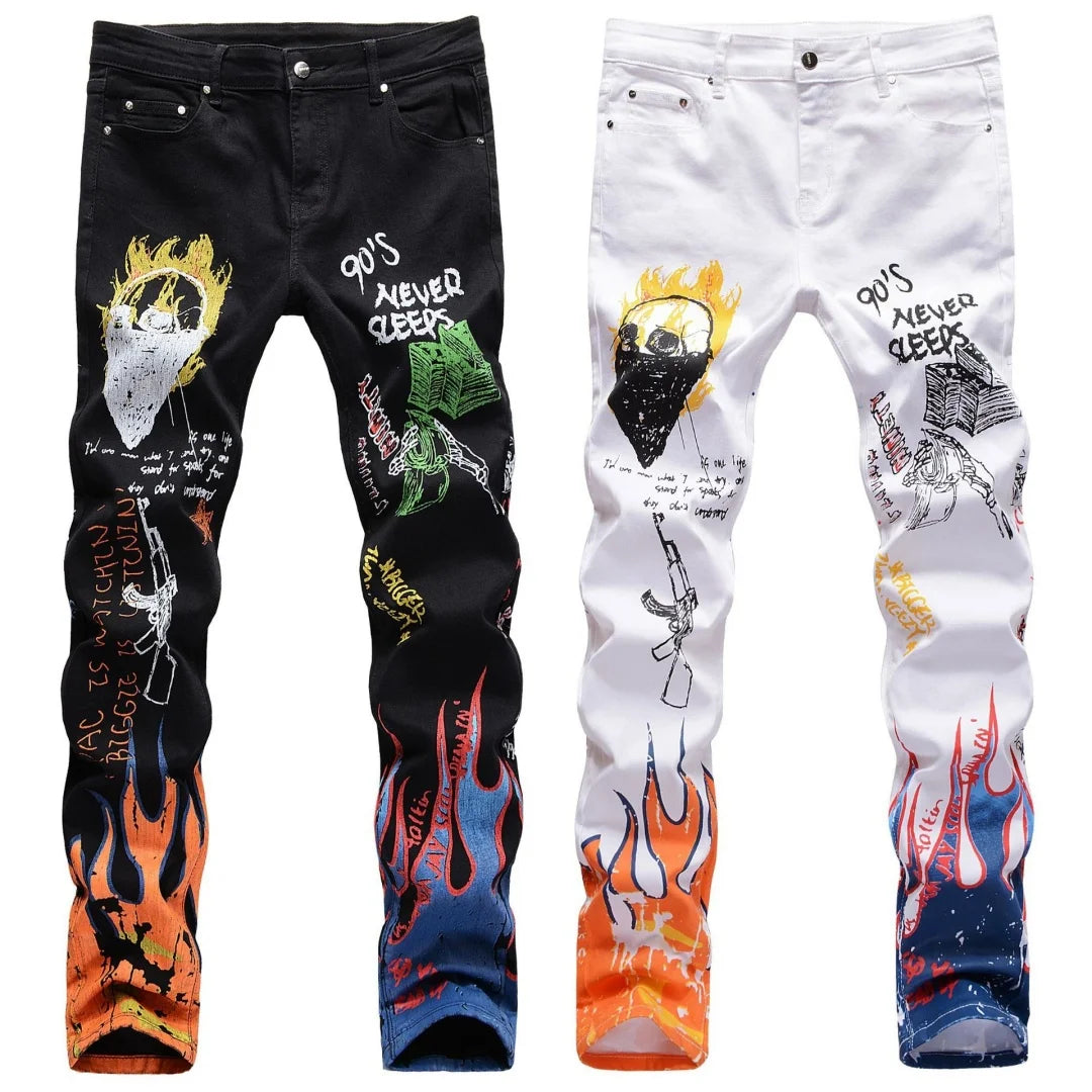 Hipster High Street Men Stretch slim 3D color print black and white pants Skeleton Graffiti Street hipster personality jeans