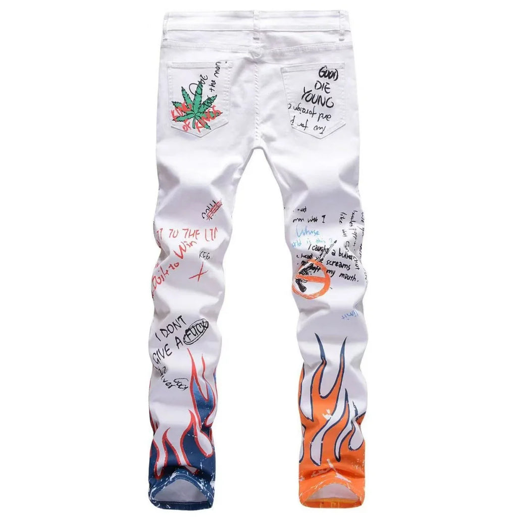Hipster High Street Men Stretch slim 3D color print black and white pants Skeleton Graffiti Street hipster personality jeans