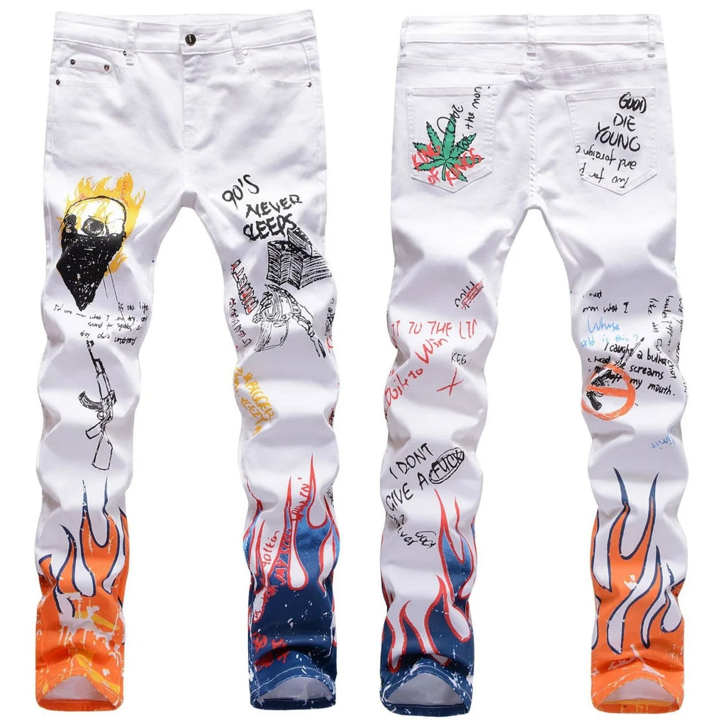 Hipster High Street Men Stretch slim 3D color print black and white pants Skeleton Graffiti Street hipster personality jeans
