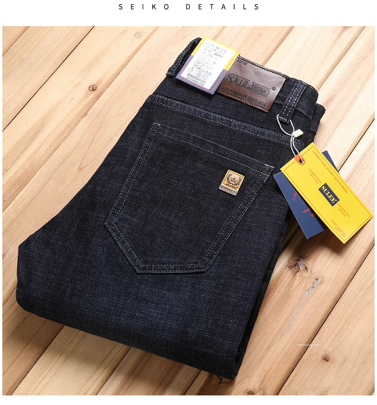 SULEE New High Quality Jeans Men's Business Casual Straight Denim Pants Stretch Fashion Classic Work Trousers Blue Black Male