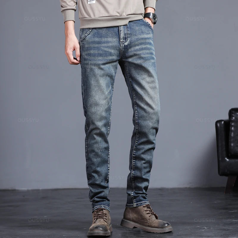 Spring Autumn Men's Classic Fashion Grey Jeans Casual Slim Skinny Vintage Blue Streetwear Biker Party Long Trousers Male 27-36