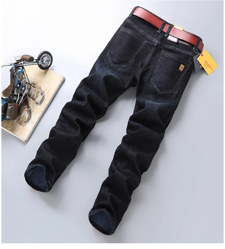 SULEE New High Quality Jeans Men's Business Casual Straight Denim Pants Stretch Fashion Classic Work Trousers Blue Black Male