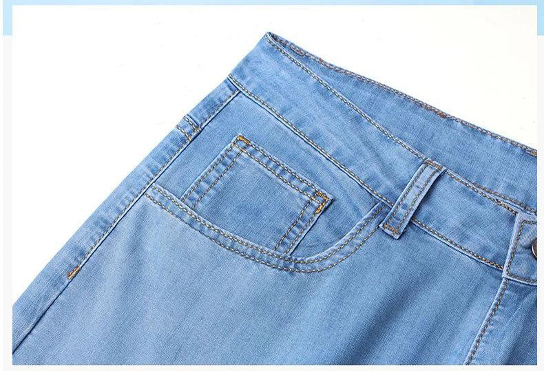 Summer Ultra-thin Men's Jeans Lyocell Soft Breathable Loose Straight Light Blue Denim Pants Business Casual Ice Silk Trousers