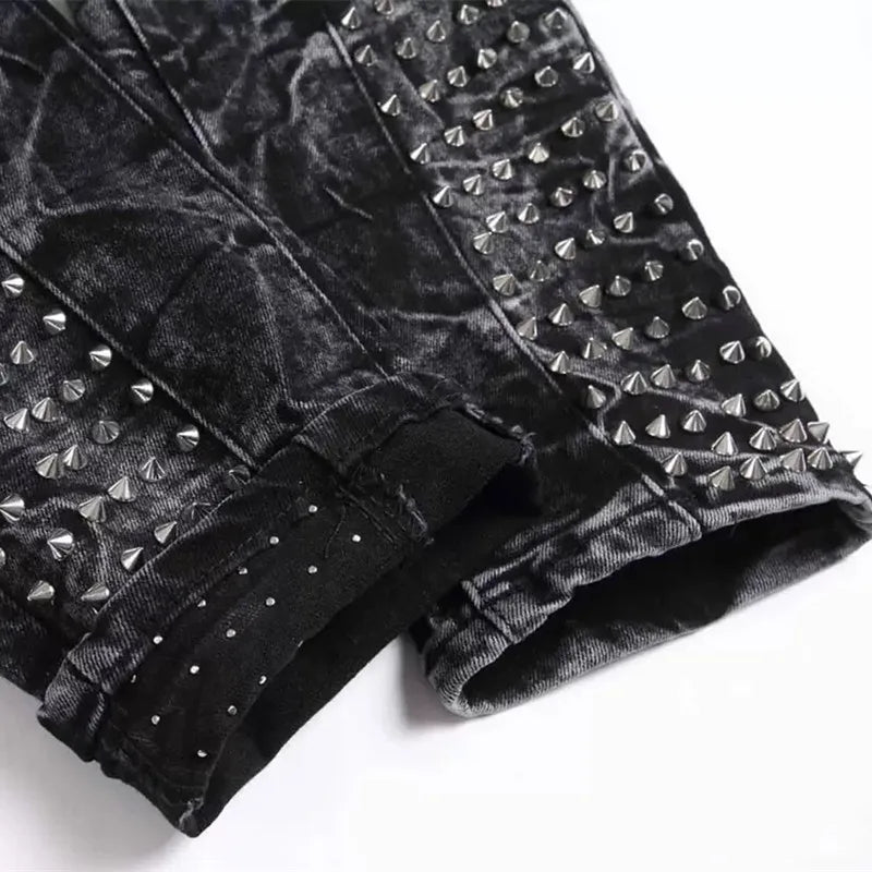 2026 Punk Y2K Style Rivet Design Black Slim Jeans Pants For Men Clothing Streetwear New Rock Cotton Long Trousers Ropa Hombre
