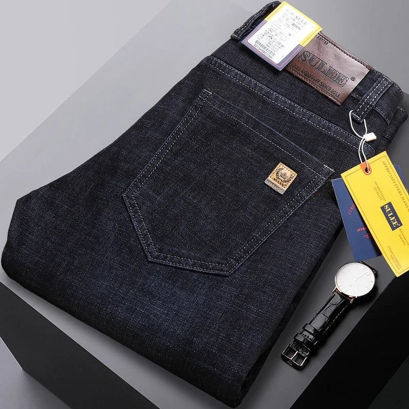 SULEE New High Quality Jeans Men's Business Casual Straight Denim Pants Stretch Fashion Classic Work Trousers Blue Black Male