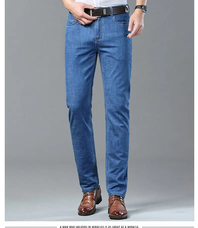 Summer Ultra-thin Men's Jeans Lyocell Soft Breathable Loose Straight Light Blue Denim Pants Business Casual Ice Silk Trousers
