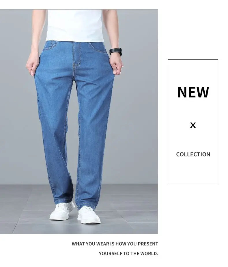 Summer Ultra-thin Men's Jeans Lyocell Soft Breathable Loose Straight Light Blue Denim Pants Business Casual Ice Silk Trousers
