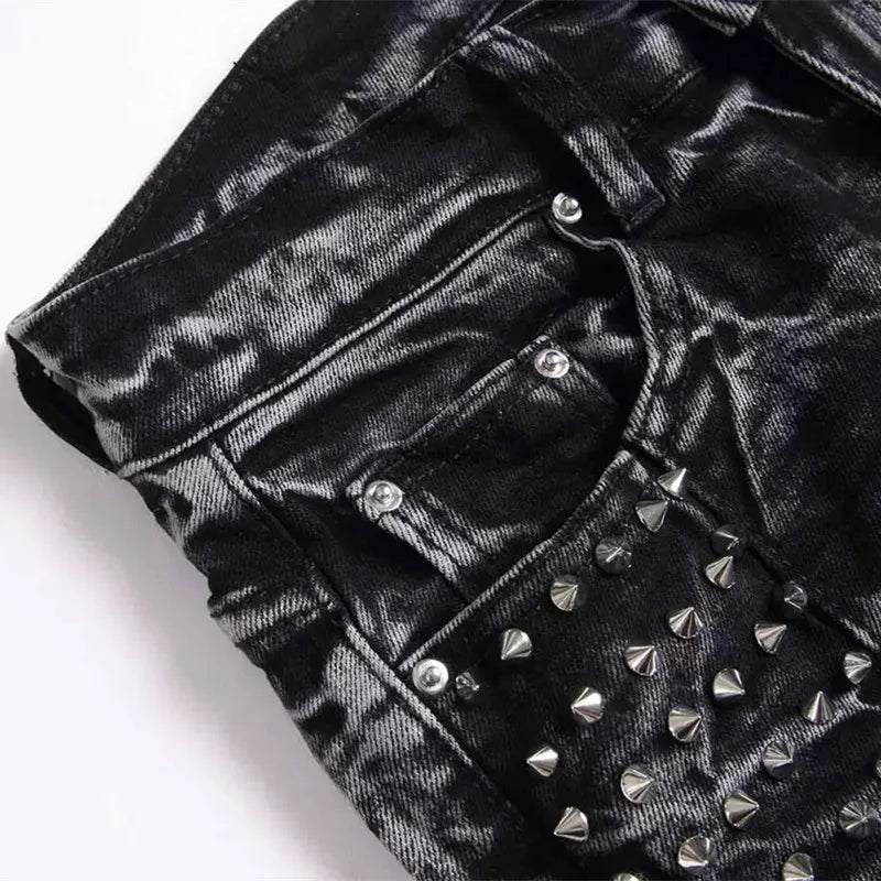 2026 Punk Y2K Style Rivet Design Black Slim Jeans Pants For Men Clothing Streetwear New Rock Cotton Long Trousers Ropa Hombre